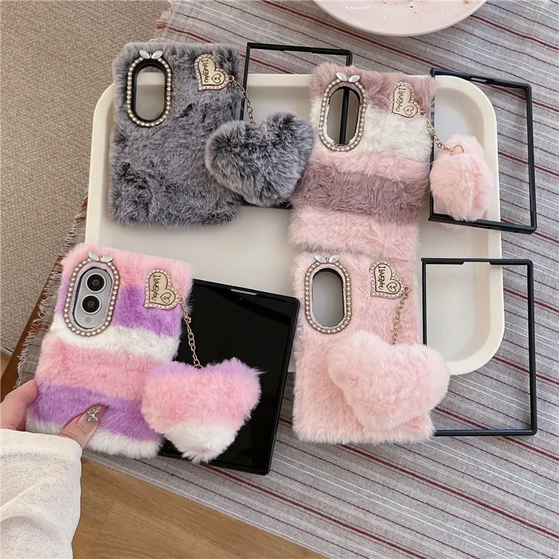 3D Cute Love Pendant Plush Phone Case For Samsung Galaxy Z Fold 8 Ultra 7 6 5 4 3 Warm Winter Fluffy Shockproof Hard Cover Coque