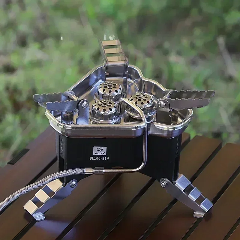 BuLin BL100-b19 مثلث جديد للتخييم في الهواء الطلق مقاوم للرياح محمول عالي الطاقة منتج لطيف موقد غاز 5800 وات محمول للسفر