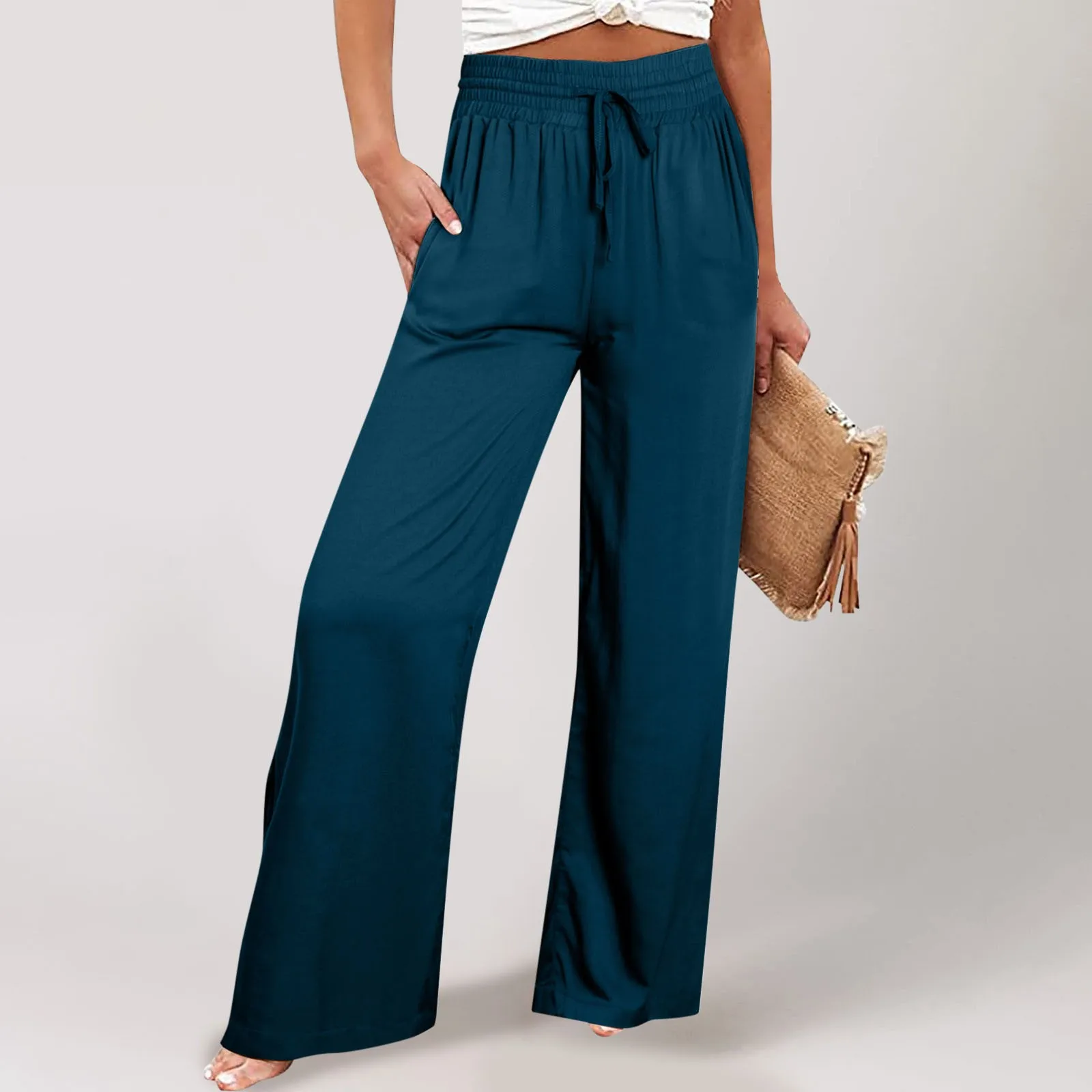 2024 New Women Casual Wide Leg Pants Solid Drawstring Elastic High Waist Beach Pants Streetwear Loose Long Trousers Pantalones