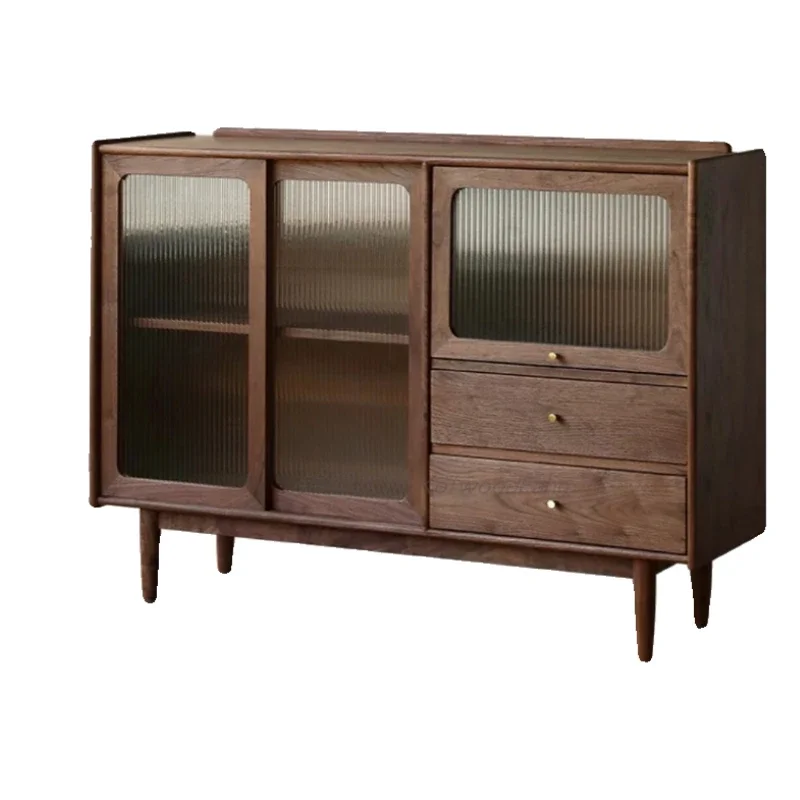 

Nordic black walnut simple modern solid wood sideboard Japanese living room cherry wood glass cabinet