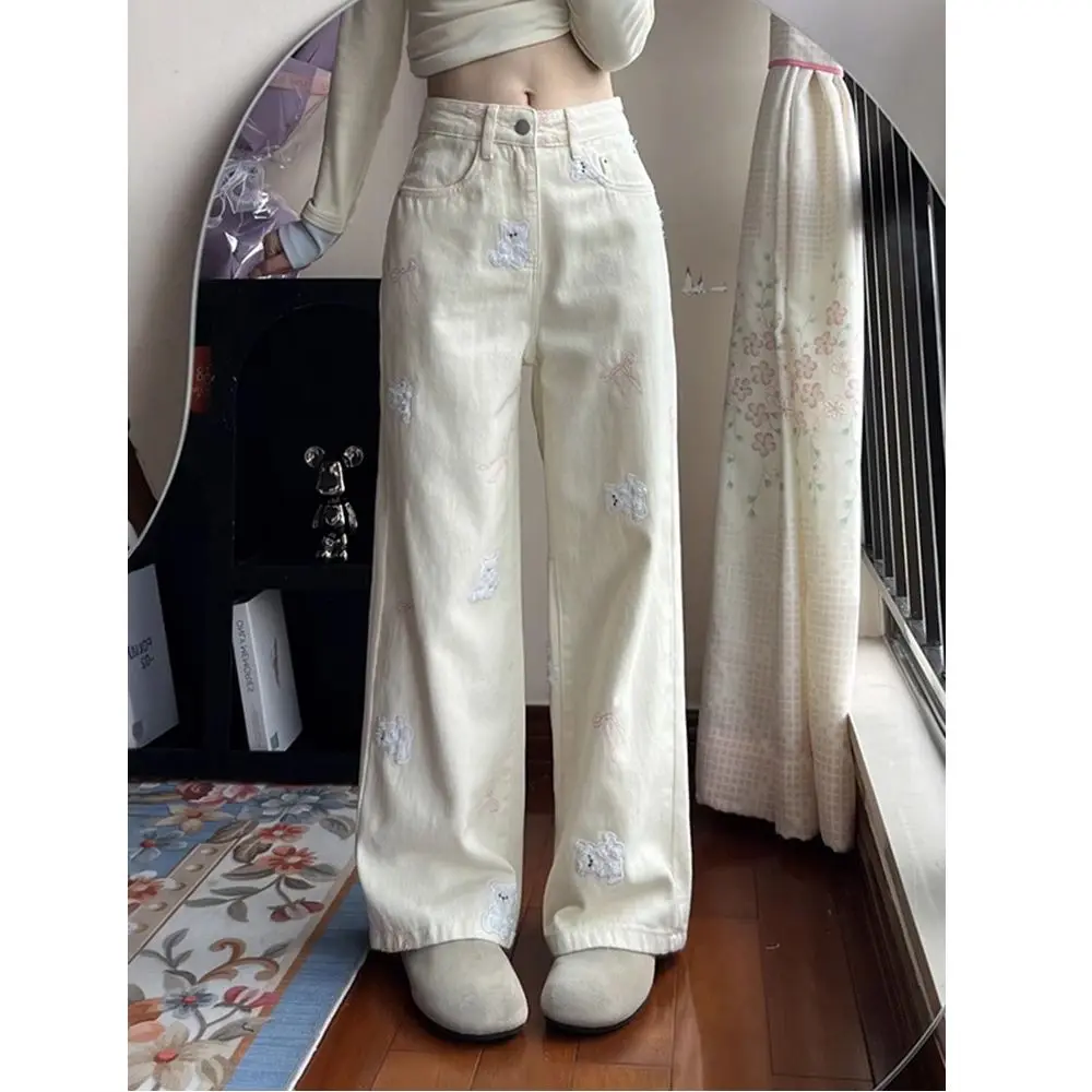 

Y2K джинсы с плюшевым мишкой, женские широкие брюки с вышивкой, свободный крой, повседневные утягивающие длинные брюки с принтом, новинка весны