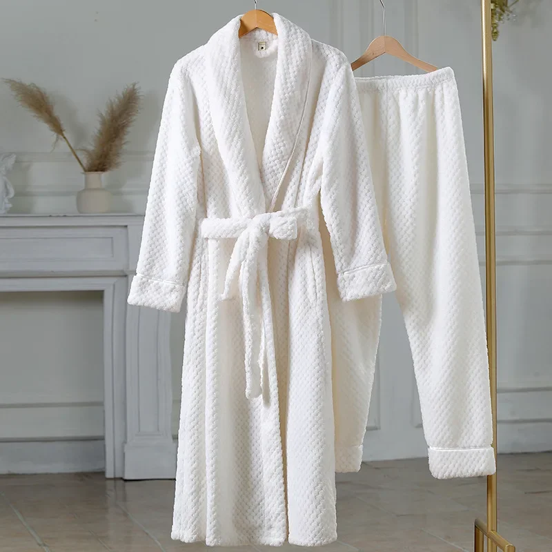 

Women's Winter Bathrobe Set with Pant Long Lseeve Thick Warm Ladies Dressing Gown Flannel Solid Turn Down Collar Homewear