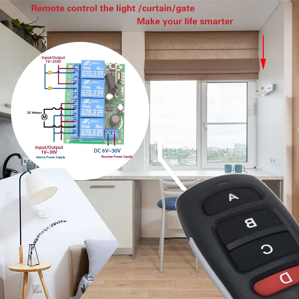 Universal Remote Control 433MHz RF Wireless Switch DC 6V 12V 24V 4Ch Relay Receiver and Transmitter for Lamp Garage Door Motor