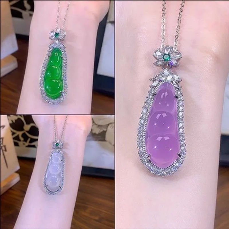 Natural chalcedony pendant, silver-plated, inlaid with and lucky green agate, women's jadeite bean necklace p