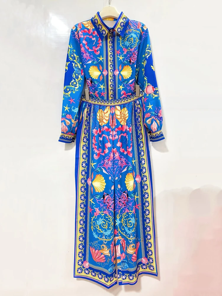 Designer Retro-Geometrie-Print Revers-Langarmhemd Zweiteiler 2026 Frühling Damenkleid + lockere weite Hose Modeanzug