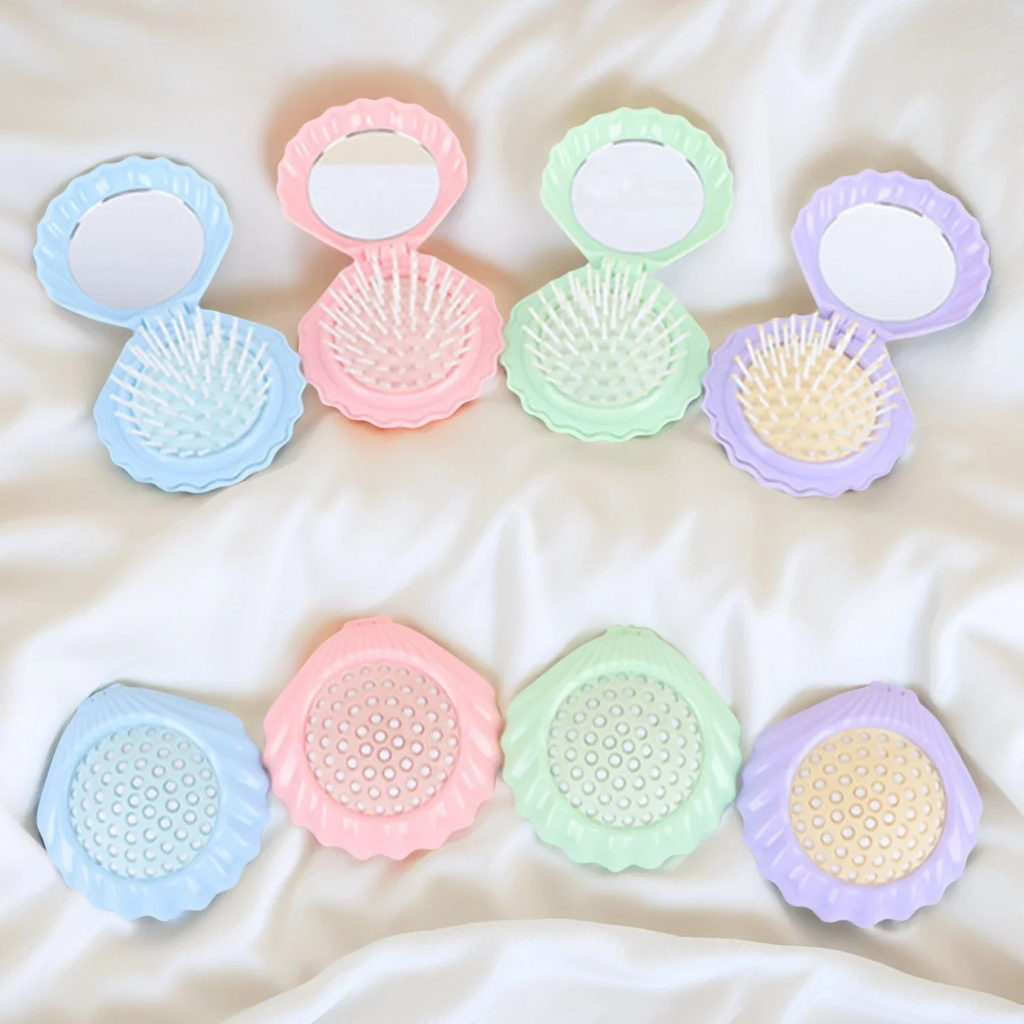 

Foldable Travel Hair Brushes with Mirror Shell Shape Portable Folding Pocket Hair Brush Compact Size Hair Massage Comb