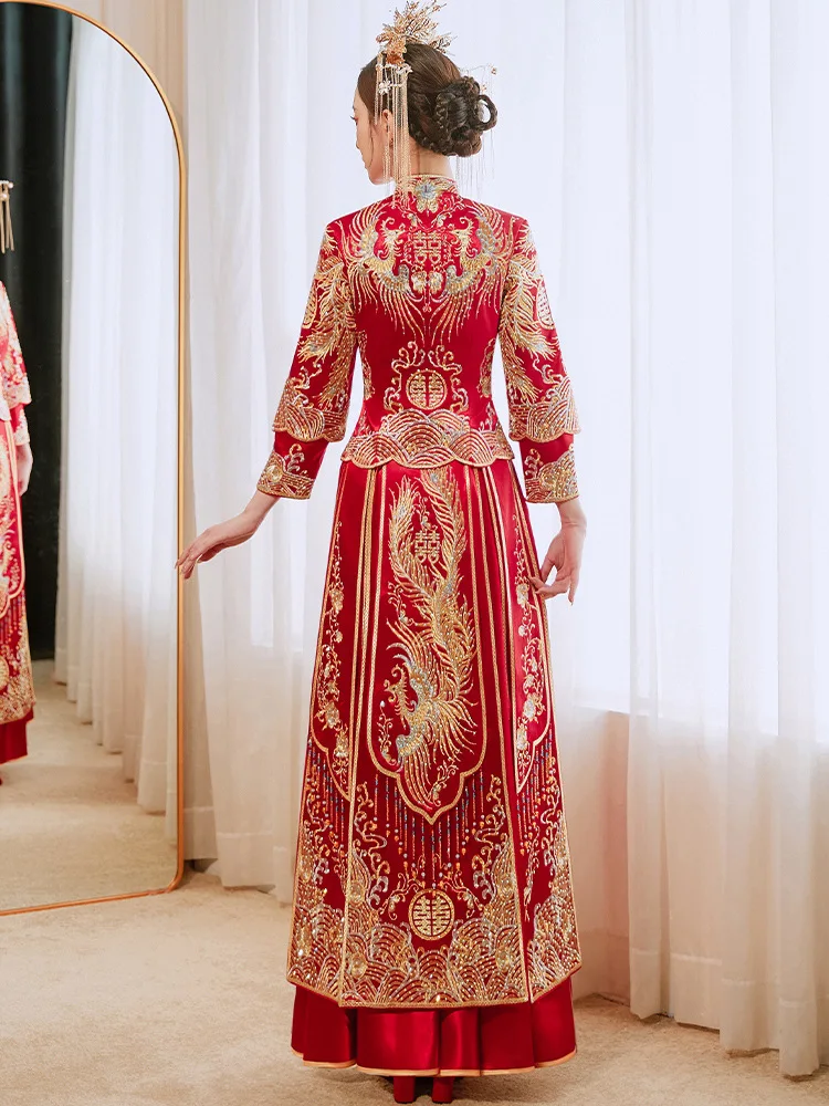 فستان زفاف على الطراز الصيني للنساء ، بدلة XiuHe حمراء ذهبية رائعة ، أكمام طويلة ، شيونغسام العروس ، الطراز الصيني التقليدي ، تزيين ماسي #5
