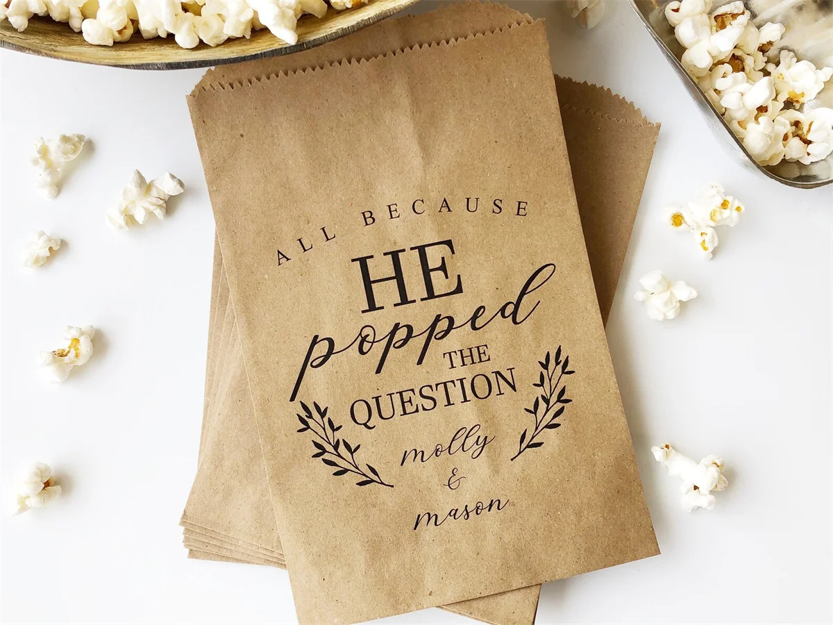 50 Wedding Popcorn Bags that read He Popped the Question, Personalized for your Birthday Party Snack Bar Favor Bags