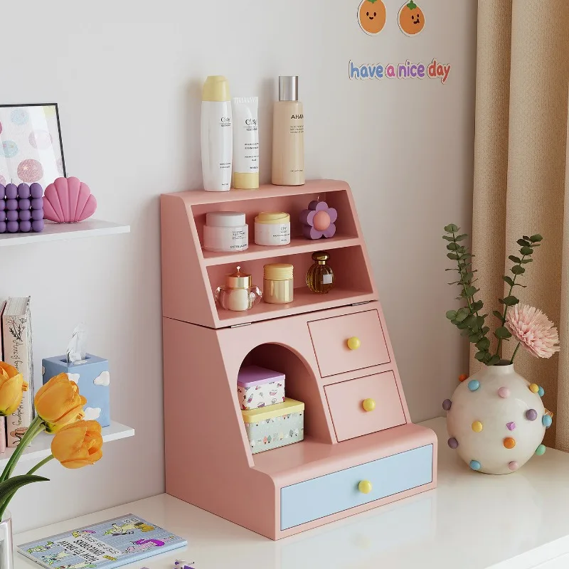 

Vibrant Dopamine Desktop Display Case Wooden Foldable Makeup Organizer Multi-Layer Storage Drawers Multifunctional Storage Box