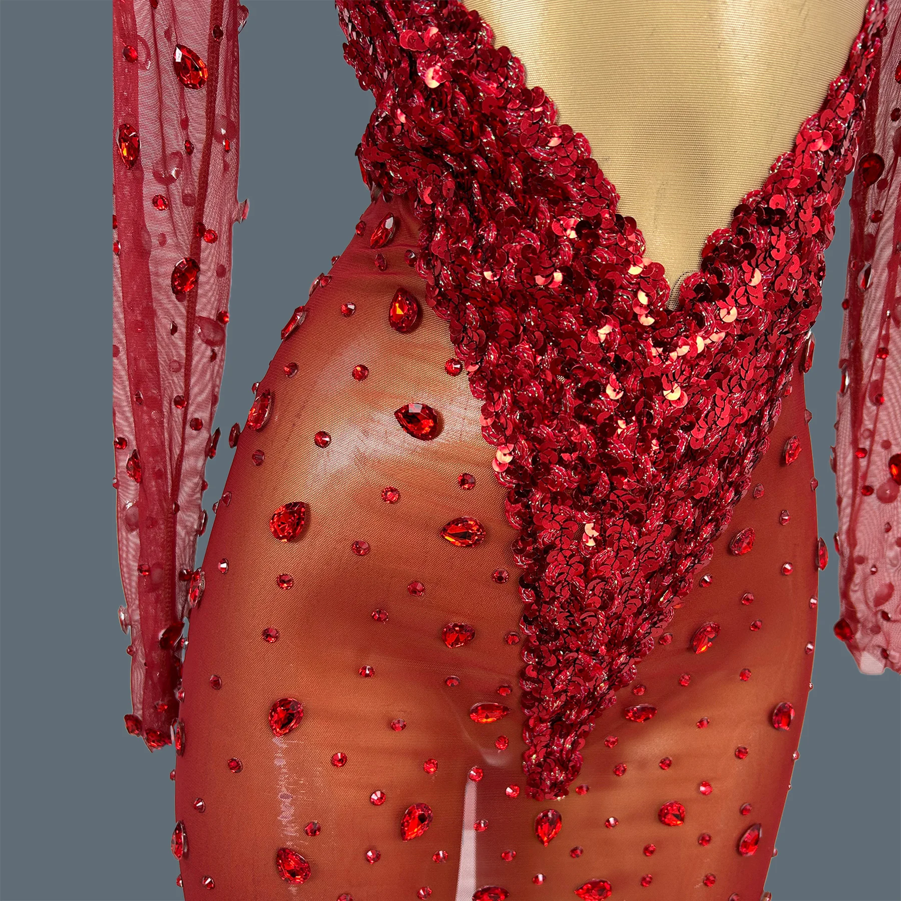 Sparkly Rhinestone Heart-shaped Sequins Mini Dress Birthday Red Theme Party Sheer Mesh Festival Mini Dress Dance Outfit Xintiao