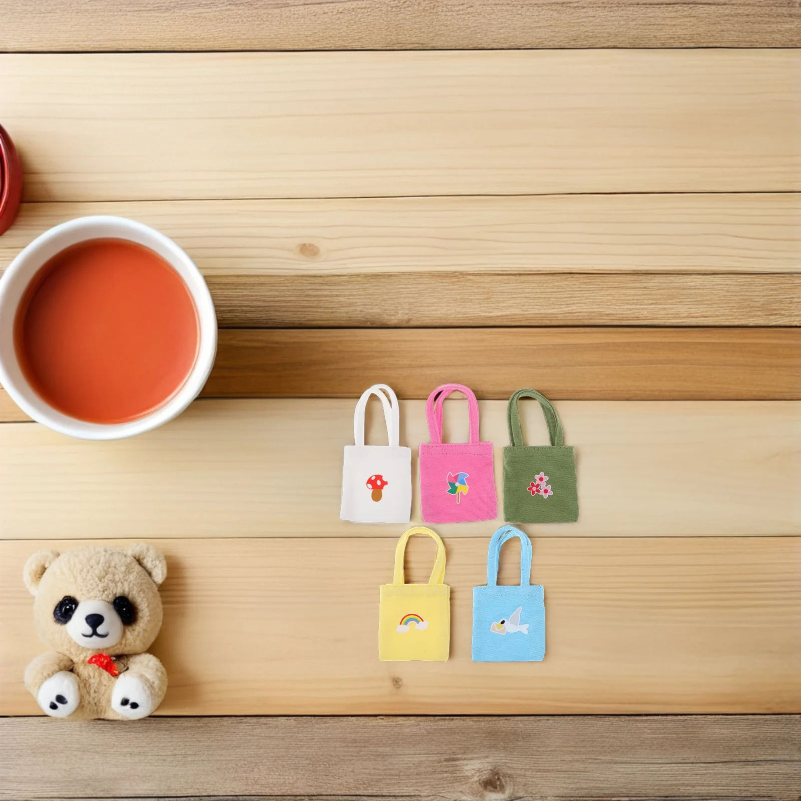 

5Pcs Mini Canvas Tote Bag Colorful Shoulder Bag Set for Kids Miniature Dollhouse Accessories Girls Mini Purse Tiny Purse