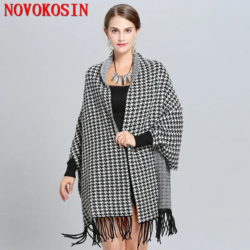 

4 Colors Women Mink Velvet Outside Street Wear Winter Houndstooth Knitted Poncho Coat Female Long Sleeves Cape Tassel Shawl