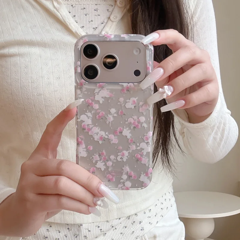 

Korean Romantic Pink Flowers Case For iPhone 17 Pro 16 15 14 Pro Max Phone Cover Shockproof Cute Protective Cases For Girls Fund