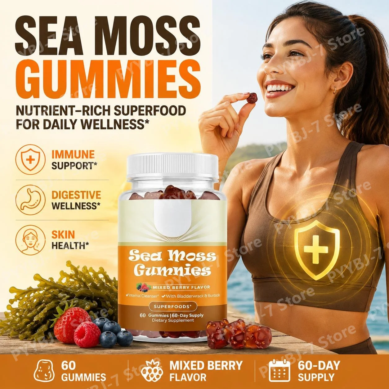 Sea Moss Gummies Mixed Berry with Irish Moss 20:1 Extract Bladderwrack 50:1 and Burdock Root 10:1 Extract - 60 Gummies