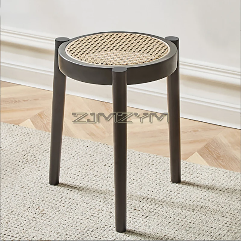 Solid Wood Round Seat Kitchen Top Wood Stool, 45cm Height, Rattan Weaving Surface, Stackable Small Round Stool for Living Room