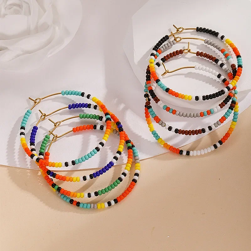 Circular Earrings  Hand knitting  Colorful  fashion  originality  Beading  Bohemia  geometry  alloy  female  Rice Bead Earrings