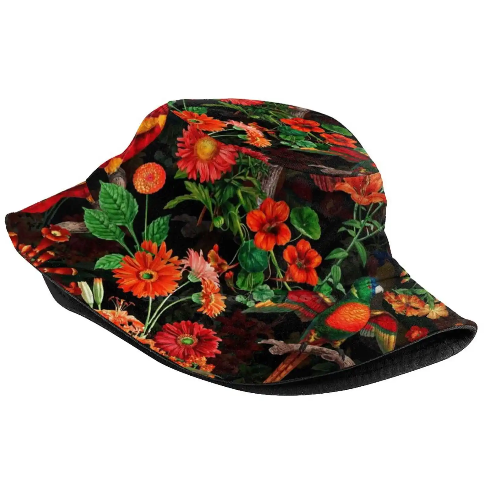 Pierre Joseph Redoute Tropical Vintage Flowers And Parrots Nostalgic Botanical Night Garden Mystic Pattern Sun Cap Fisherman