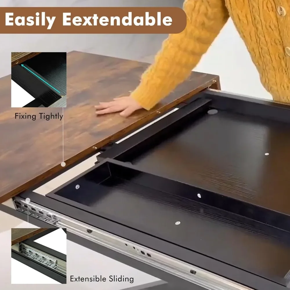 Large Rectangular Expandable Kitchen Table with Storage Compartment,Industrial Long Wooden Conference Meeting Table