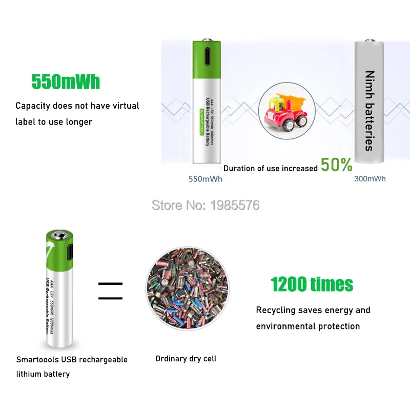 بطارية USB قابلة لإعادة الشحن ، 1.5 فولت ، 550 مللي واط/ساعة ، ليثيوم بوليمر ، شحن سريع بواسطة كابل Micro USB