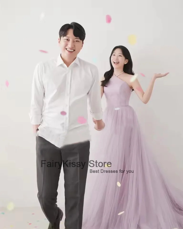 FairyKissy Fairy Baby Lila Brautkleider A-Linie Neckholder Bodenlangen Rüschen Abendkleid Korea Fotoshooting Elegante Partykleider