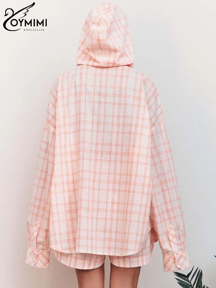 Oymimi Fashion Pink Plaid Print Women 2 Piece Set Outfit Casual Hooded Collar Long Sleeve Button Shirts And Pockets Shorts Sets