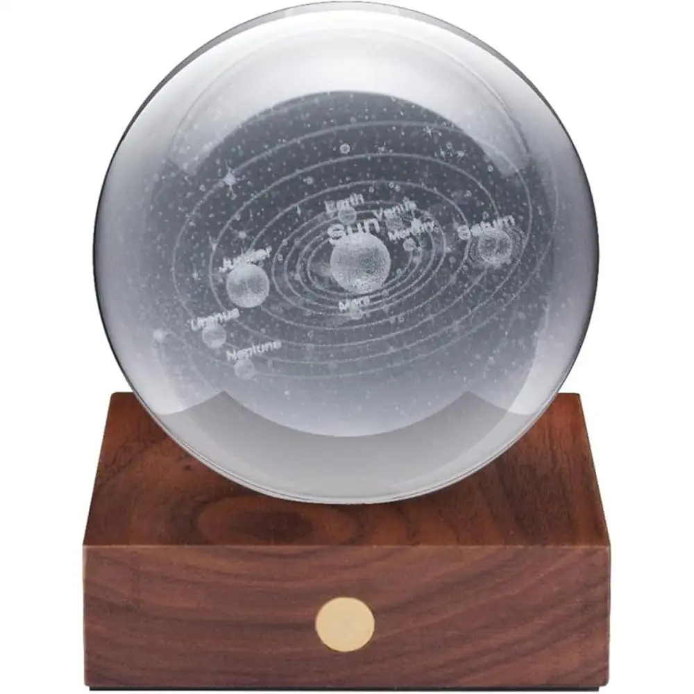 Amber Crystal Ball Night Light Solar System 3D Laser Engraved Touch Control Rechargeable USB-C Walnut Wood Base Home Decor