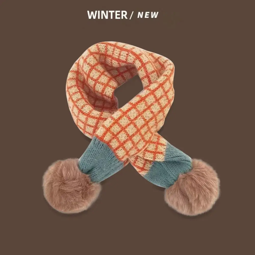 Soft Pompon Trim Plaid Knitted Scarf Warm Thicken Fabric Stripe Pattern Warm Neckerchief Warm Neck Cover Patchwork Shawl