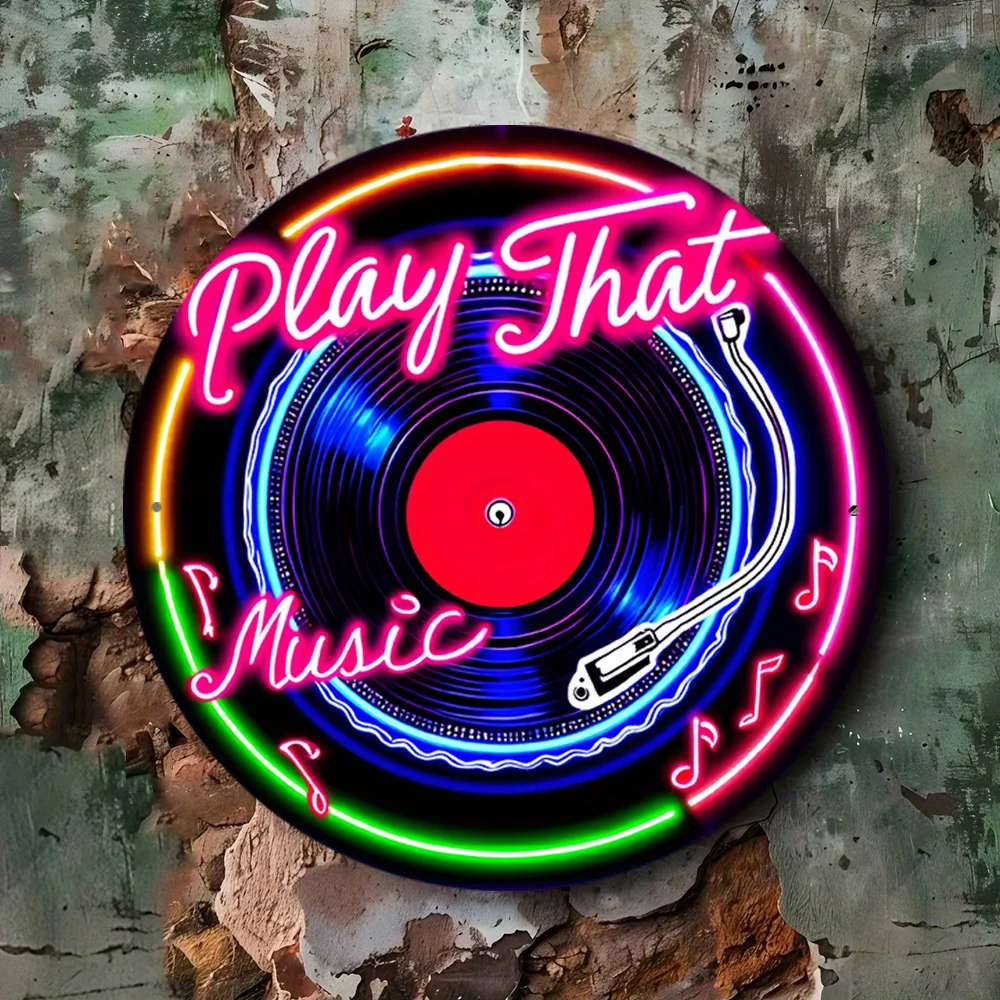 2D 플랫, 1개입 레트로 비닐 레코드 네온 사인 - "PLAY THAT MUSIC" 빈티지 메탈 벽 장식, & 변색 방지 원형 장식 썸네일 2