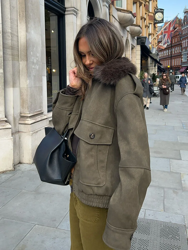 

HH Women Fashion Long Sleeve Pocket Zipper Buttons Decoration Casual Winter Coat Woman Faux Fur Removable Collar Street Jacket