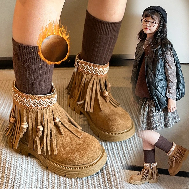 

Сапоги принцессы для девочек с милой кисточкой. Детские короткие сапоги в этническом стиле. Новые зимние детские ботильоны 2025 года с мягкой боковой молнией.