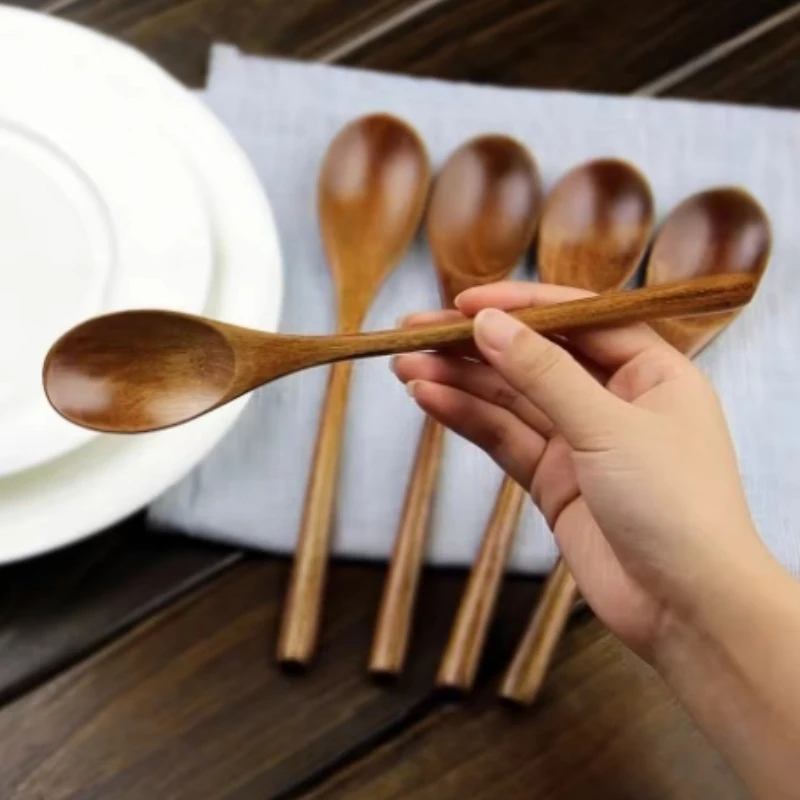 

5/6pcs Wooden spoon spoon cutlery oval spoon set long handled wooden spoon cooking mixing spoon portable spoon, honey spoon