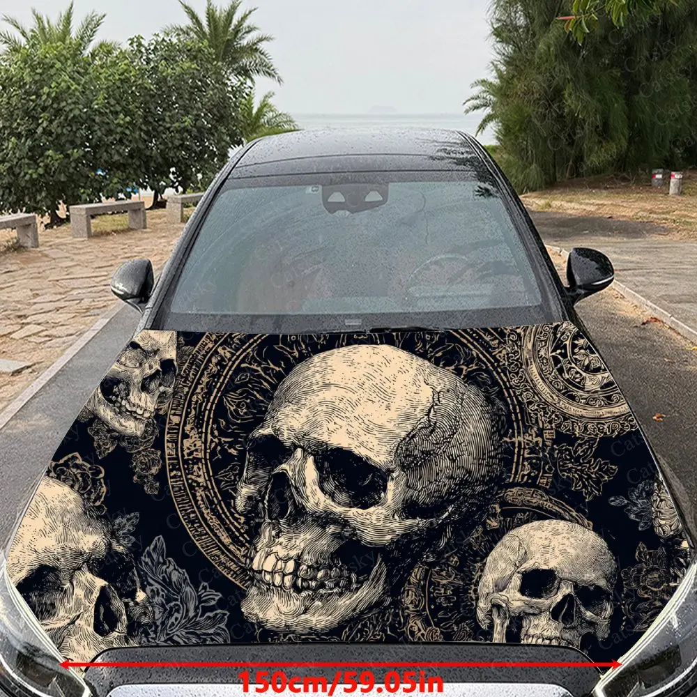 Car Decal Artistic Design with Skull Cluster in Monochrome Ornate Textural Style Car Hood Sticker, Waterproof Self - Adhesive PV