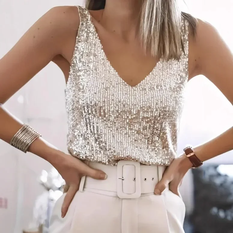 

Pop Shiny Sequin Vest Top Women's Sleeveless V-Neck Sexy Base Shirt Sparkling Fashionable Polyester Blend Made In China