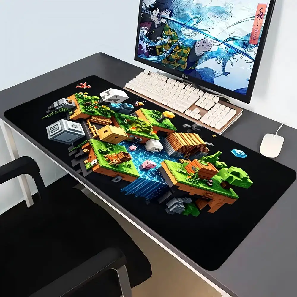 Voxel Pixel Game World Scenery Print Gaming Mouse Pad Large Desk Mat Anti-Slip Rubber Base Stitched Edge Keyboard Mat For Office