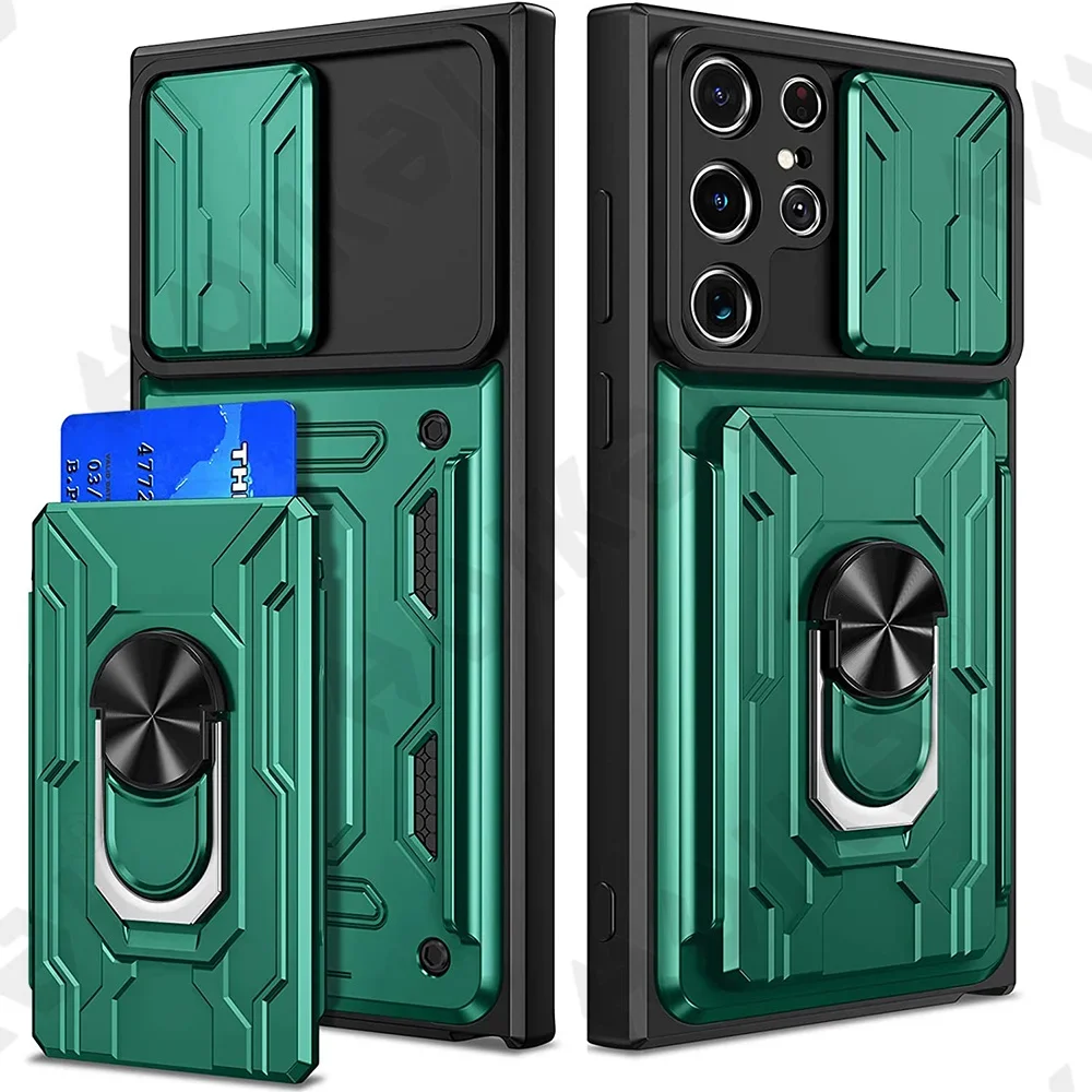 Case For Samsung Galaxy S25 S24 S23 S22 S21 Ultra Plus S20 FE A55 A35 A54 A14 4G 5G Slide Camera Card Holder 360° Ring Cover