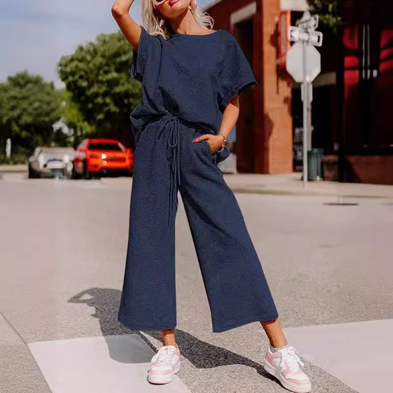Summer Women's Suit Fashion Solid Color Two Piece Set Casual Loose V Neck Top And Loose Wide Legs Trousers Set 2025 Sportswear