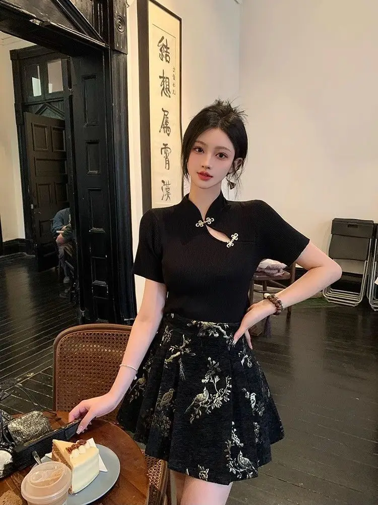 Roupa de verão estilo chinês slim fit top de manga curta com saia de rosto de cavalo conjunto de duas peças