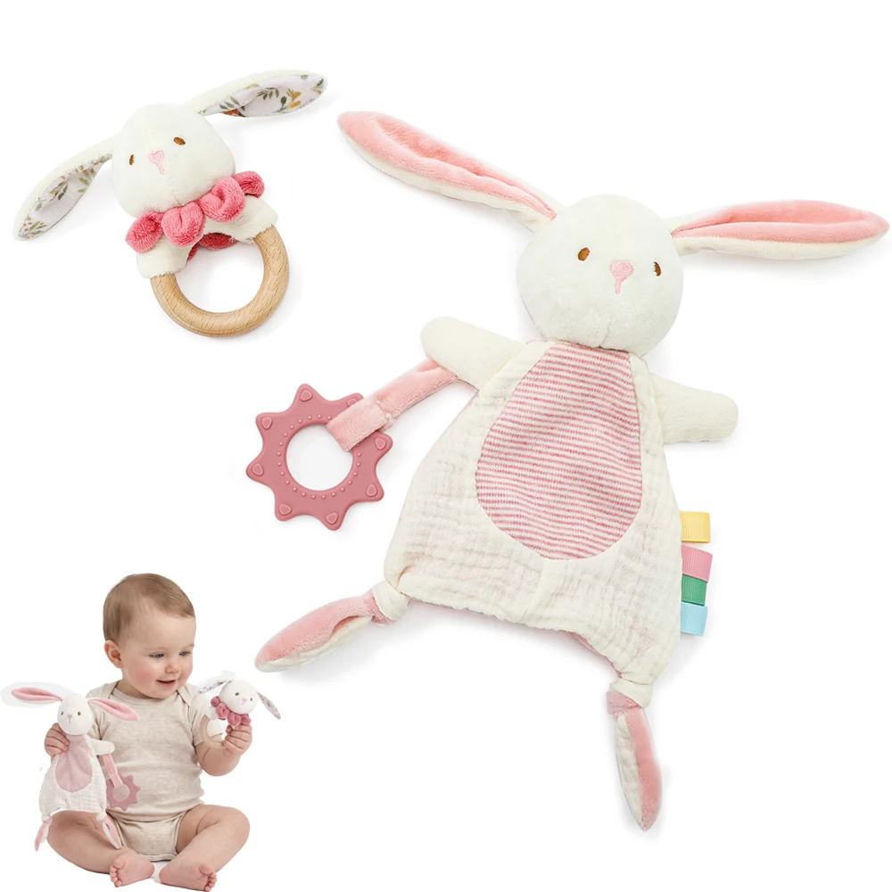 2 Piece Baby Rabbit Rattle Set Baby Toys Soft Plush Comforter Silicone Teether Sensory Toys for Infant Grasping New Born Toys