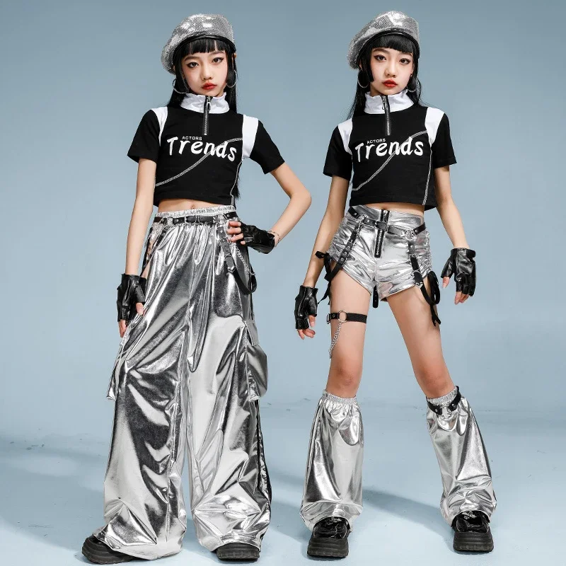 

Hip Hop Costume Girls Ballroom Dancing Clothes Jazz Streetwear Party Stage Outfits Crop Children Top Silver Pants Shorts XH2385