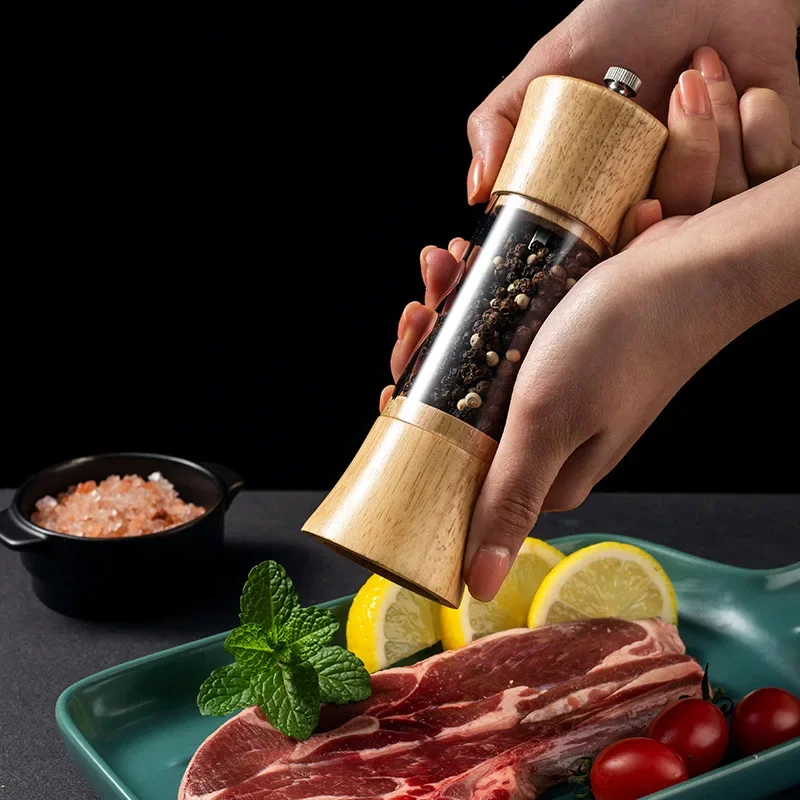 Oak Wooden Salt and Pepper Grinder Set Manual Spice Pepper Mills With Acrylic Visible Window BBQ Shakers Pepper Grinder Set Tool