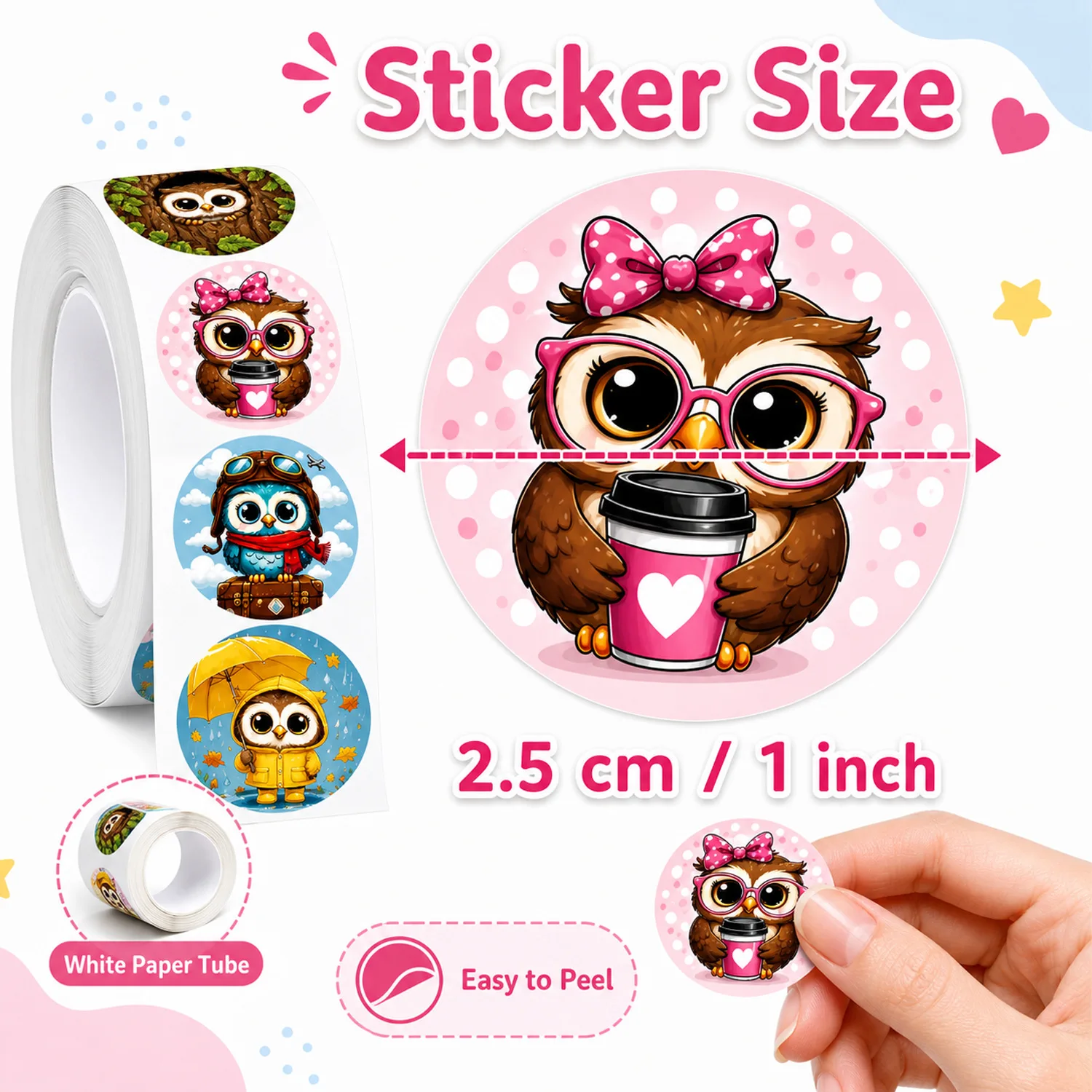 JCAC 500pcs/roll 1 Inch Cute Career Owl Stickers, Multicolor Music Grad Navy Owl, Self-Adhesive Decals