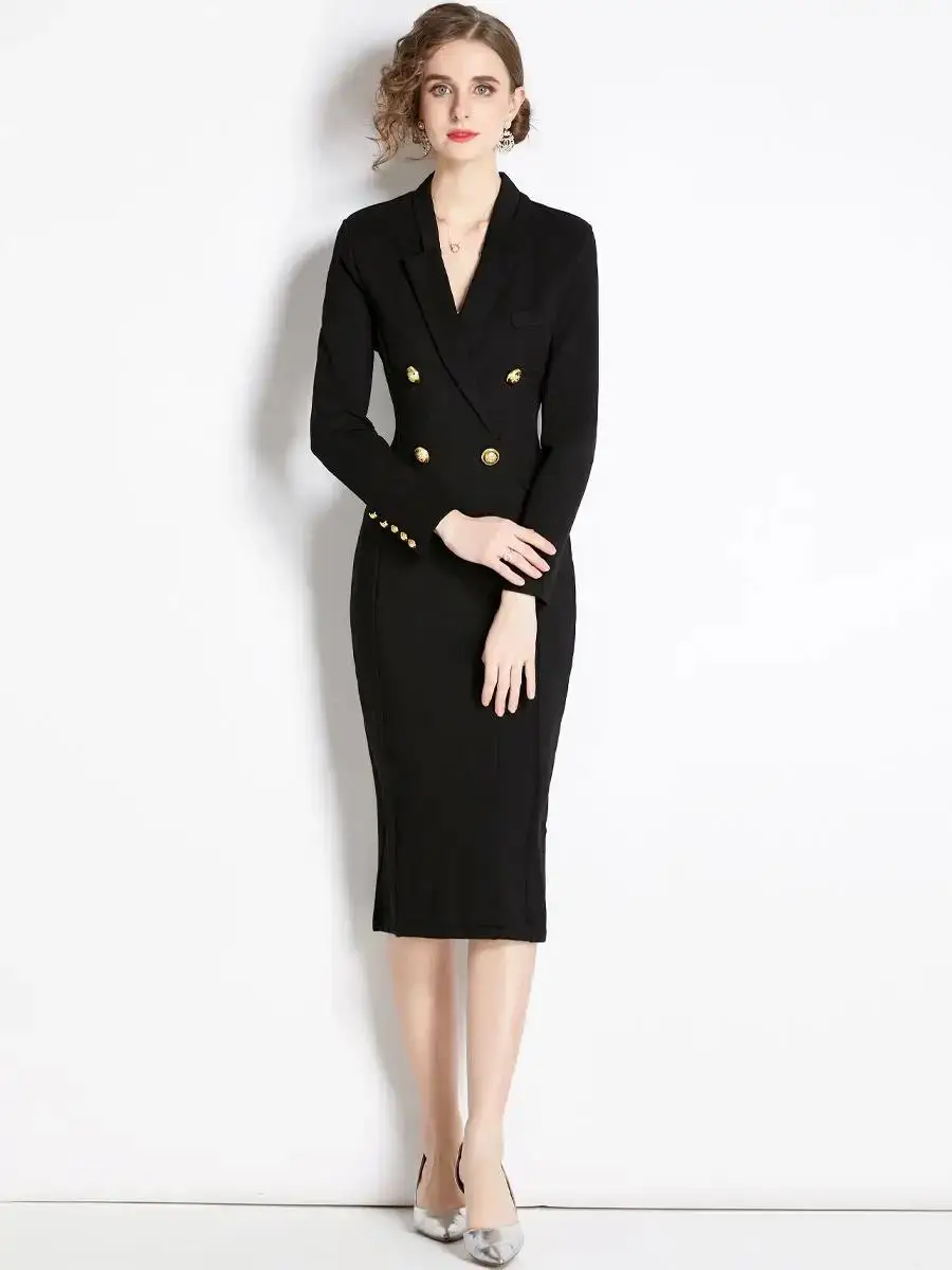 Women's Notched Suit Long Sleeve Golden Double Breasted Dress Autumn Winter Thick Roman Cotton Black Blazer Office Lady Vestidos