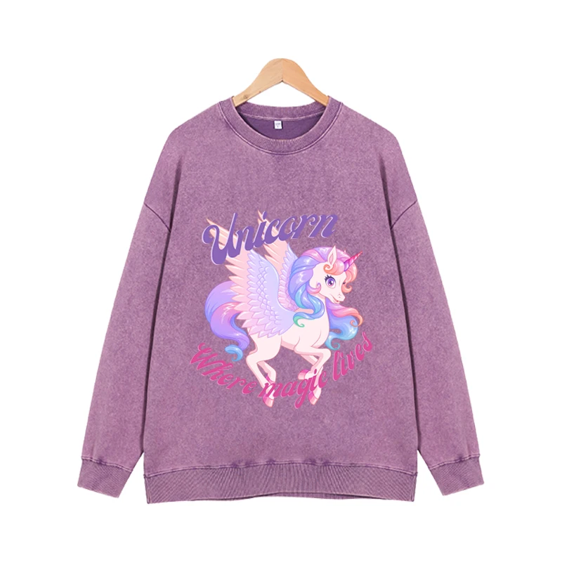 Women\'s round neck sweatshirt paired with purple unicorn print casual pure cotton loose women\'s long sleeved top