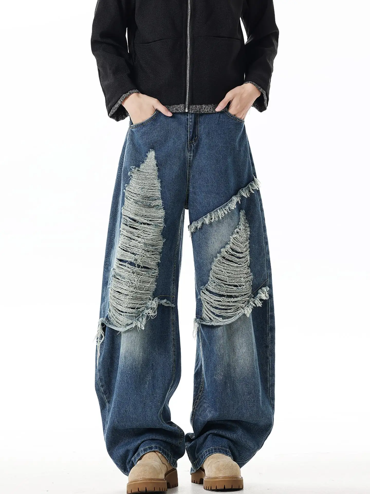 

Мужские джинсы с широкими рваными штанинами, повседневные, в стиле пэчворк, с потертостями, в американском стиле хип-хоп, уличные, ретро, свободные, удобные, джинсовые брюки