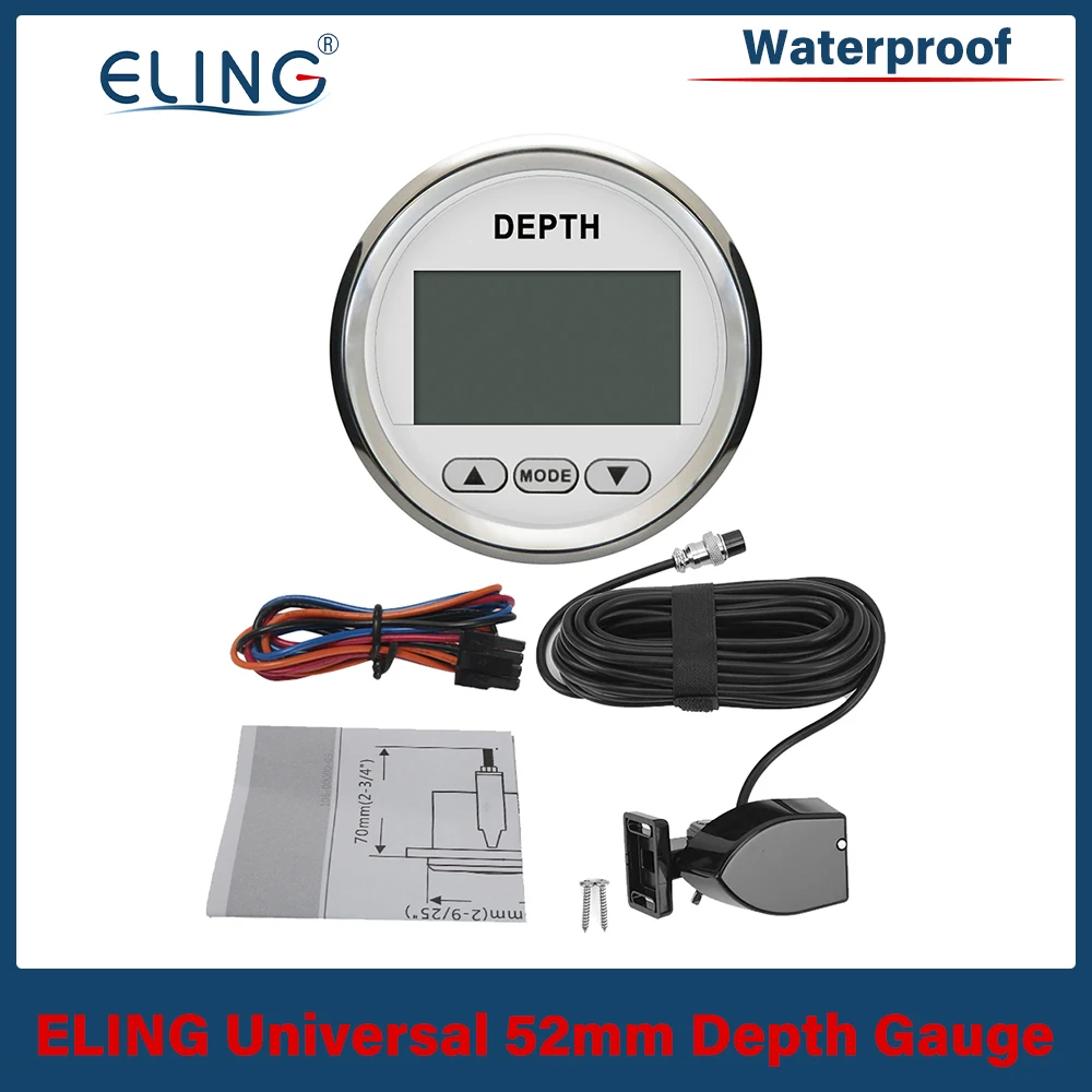 ELING Boat 52mm Digital Depth Gauge Depth Indication Range Approx. 100m/110yd with Transducer and White Backlight for Yachts