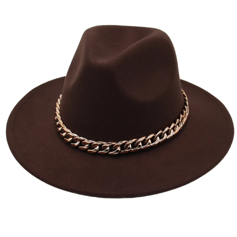New golden chain British Vintage Felt Hat Autumn Winter Western Cowboy Woolen Tibetan Men Women Jazz Cap Stage Performance chape