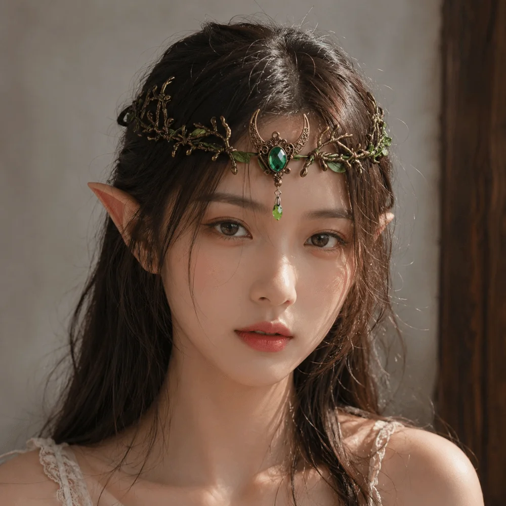 Moon Flower Elven Crown Green Gemstone Renaissance Bridal Forehead Chain Gemstone Vintage Branch Leaf Headpiece