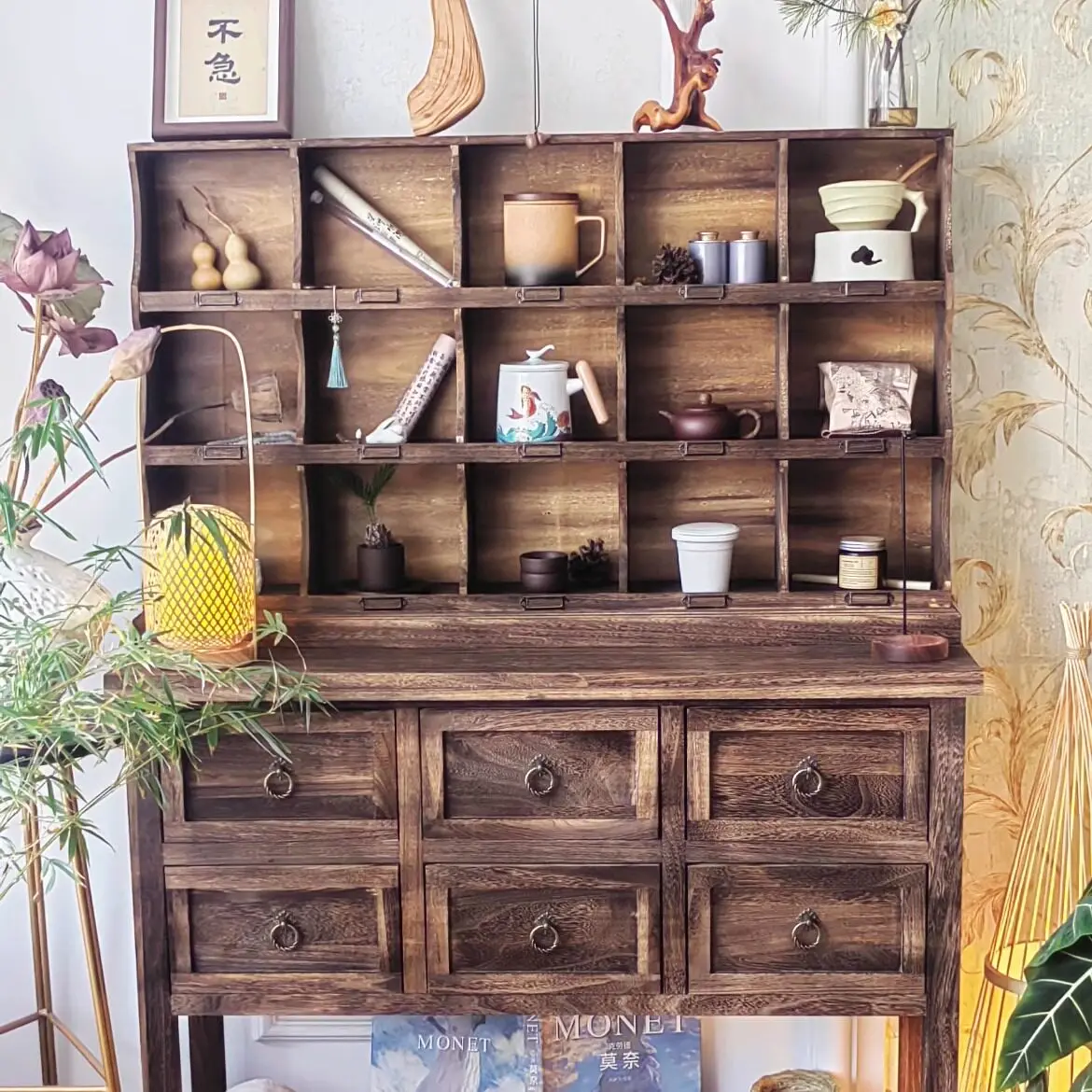 Solid wood Bogu frame, desktop shelf, cup holder, wall-hanging simple lattice cabinet, multi-layer tea set storage rack