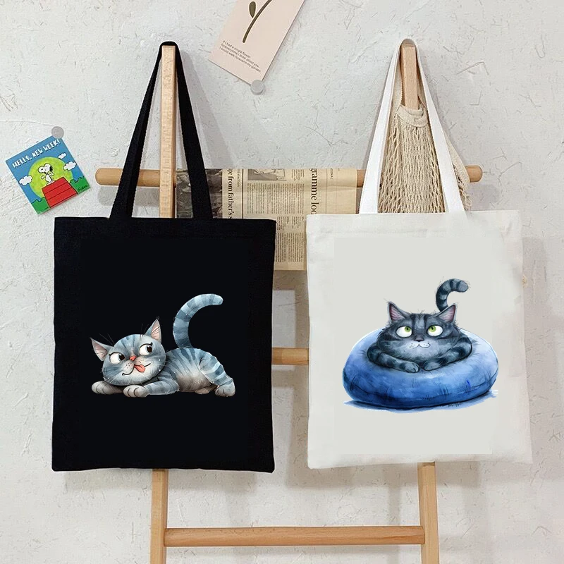 

Women's Handbags Printed Cartoon Comic Cats Series Shopping Bag Canvas Teen Funny Tote Bag Kitten Lover Women Men Shoulder Bag