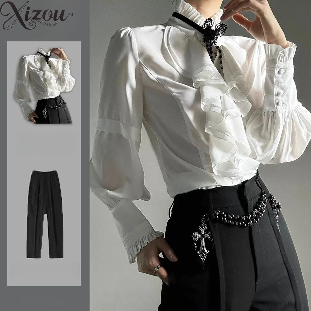 

Stand Collar Ruffles Blouse Shirt Puff Lantern Sleeve Flounce Trim Gothic Vintage Palace French Elegant Unisex Men Women Spring